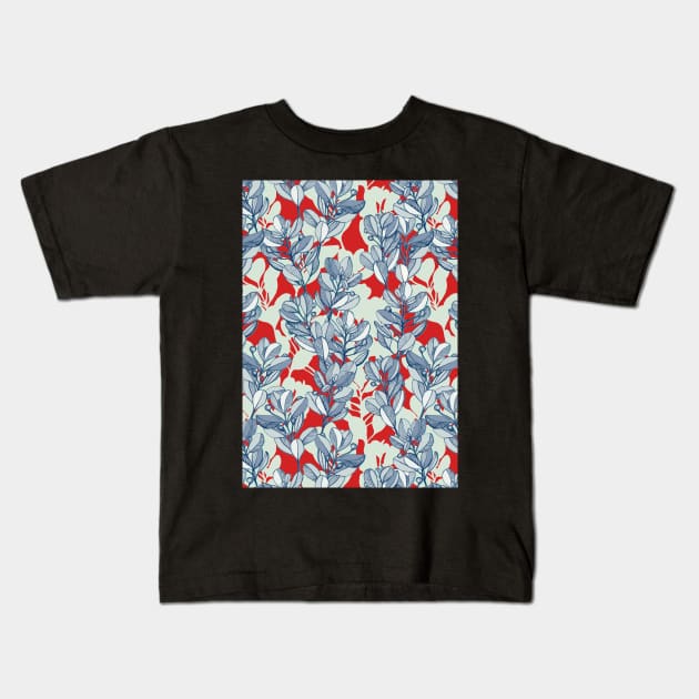 Leaf and Berry Sketch Pattern in Red and Blue Kids T-Shirt by micklyn